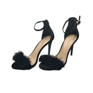 Wild Diva Lounge Black Faux Suede Fluffy Feather Ankle Strap Heels